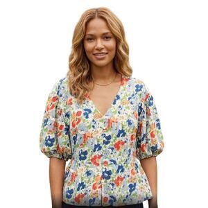 Lauren Ralph Lauren Linen Blend Floral Puff Sleeve Peplum Top XL EUC